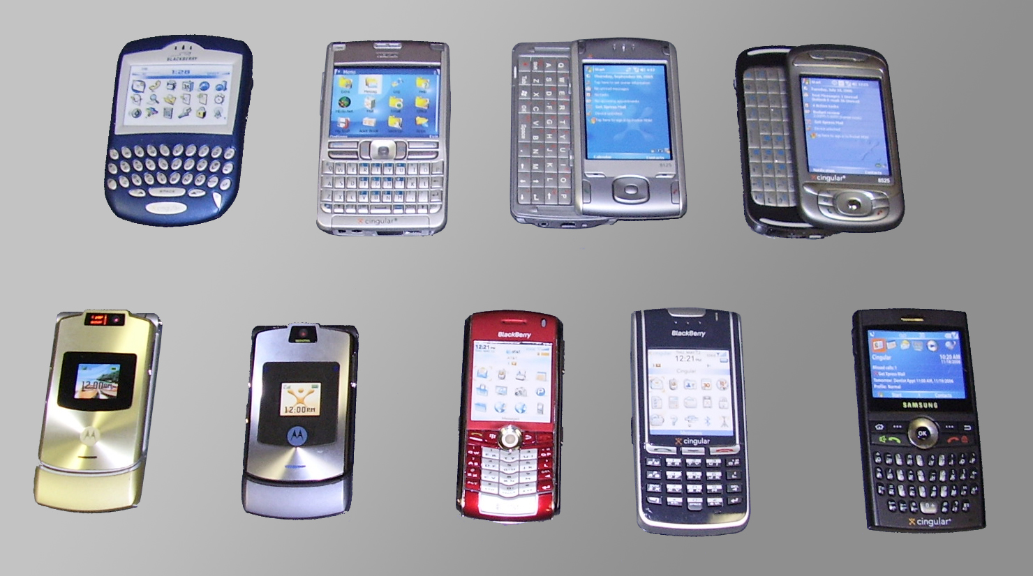 Flip phones, Black Berries, Smartphone props